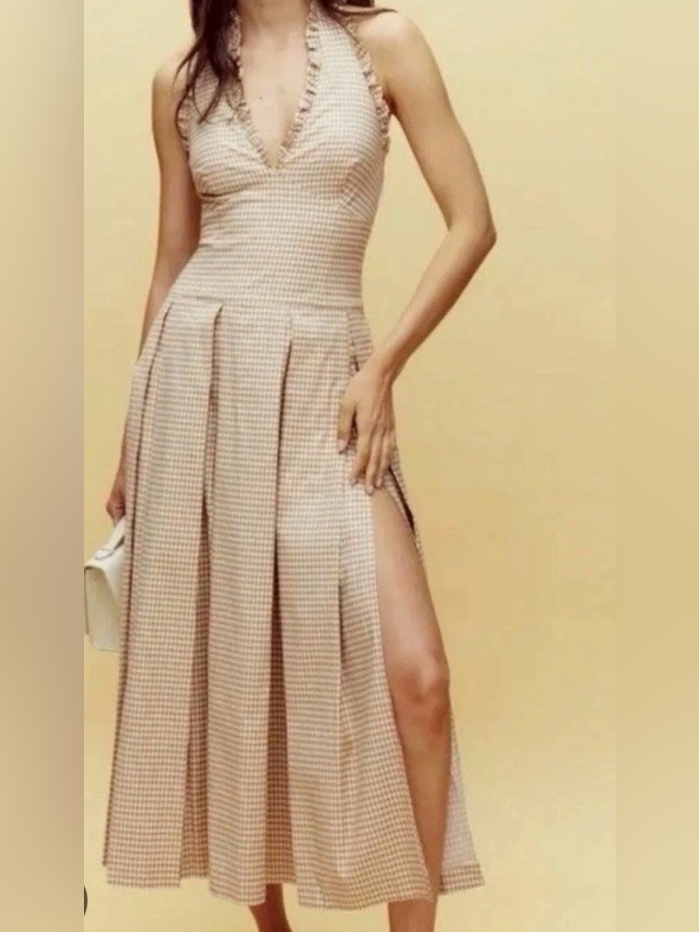 Reformation Beige Gingham Halter Midi Dress